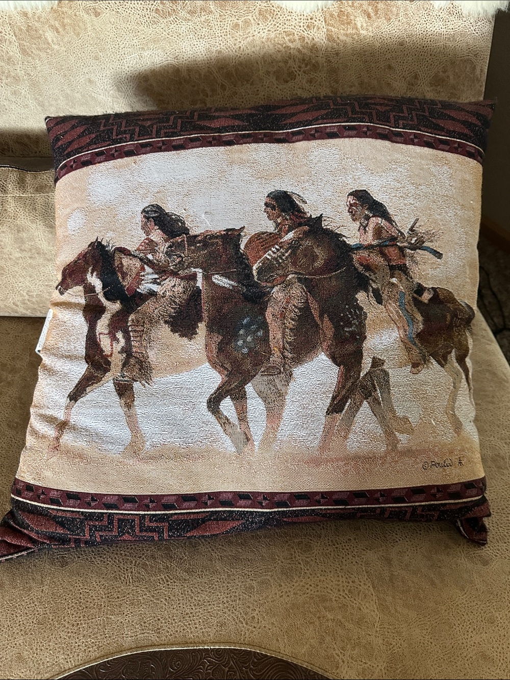 Decorative Native Riders Accent Pillow in Brown